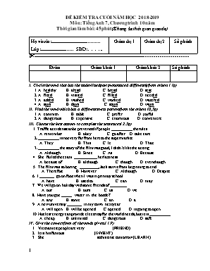 Đề kiểm tra cuối năm học môn Tiếng Anh Lớp 7 - Chương trình 10 năm - Năm học 2018-2019 (Có đáp án)
